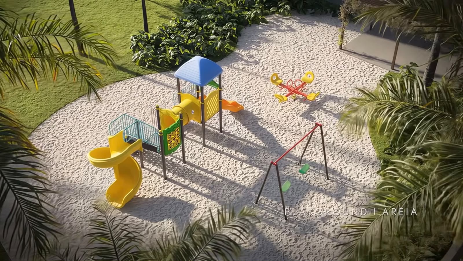 Playground na areia entre o paisagismo